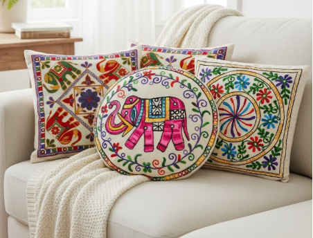 PILLOW COVERS AND CUSHION COVERS WITH HANDWORK (KADAI)