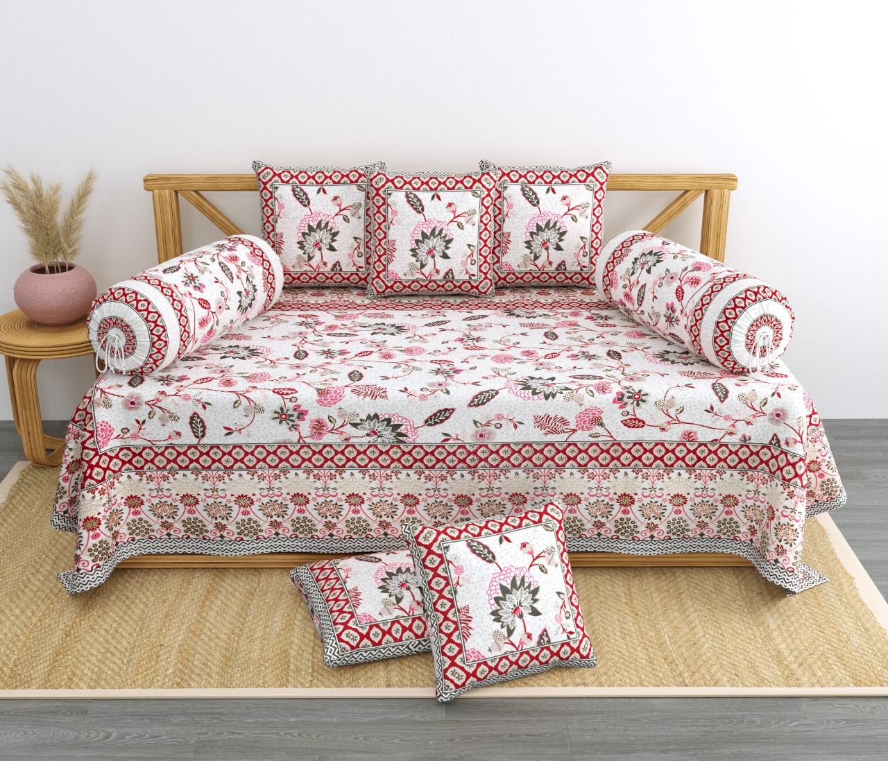 DEEWAN SET 1+2+5 SET JAIPURI GEOMETRIC FLORAL PRINT PURE COTTON