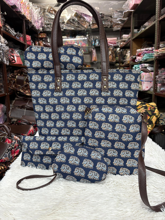 Traditional Jaipuri 5-piece cotton bag set featuring blue elephant hand-block print motifs