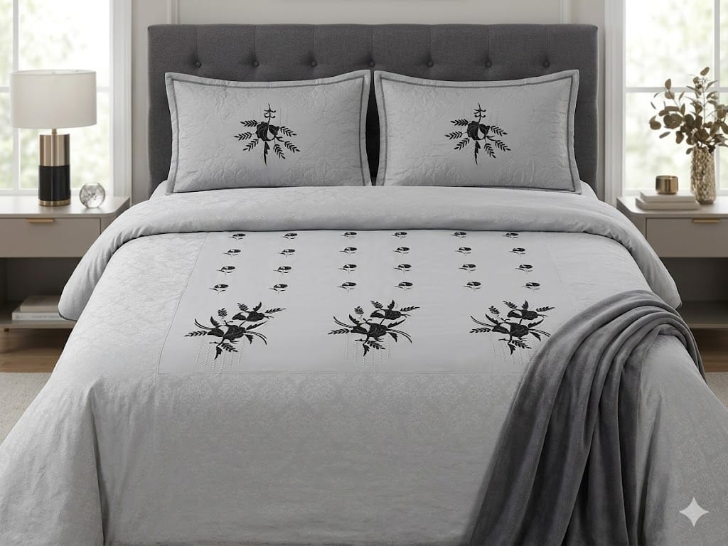 premium embroidery soft grey bedsheet set