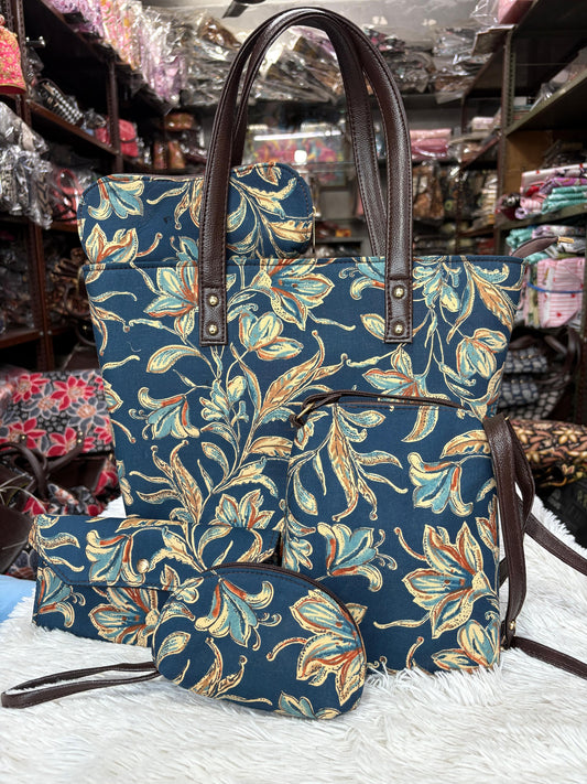 teal blue jaipuri handbag combo set with pure cotton and colour guarantee
