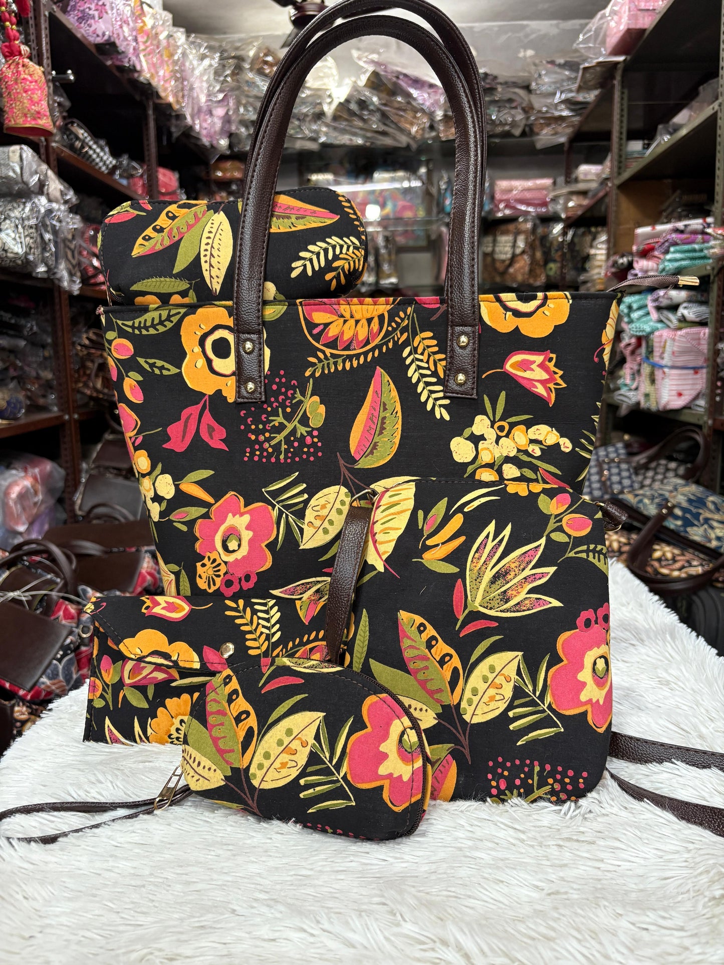 Midnight Sunflower Jaipuri Handbag Combo- 5 Pcs Traditional Cotton Set